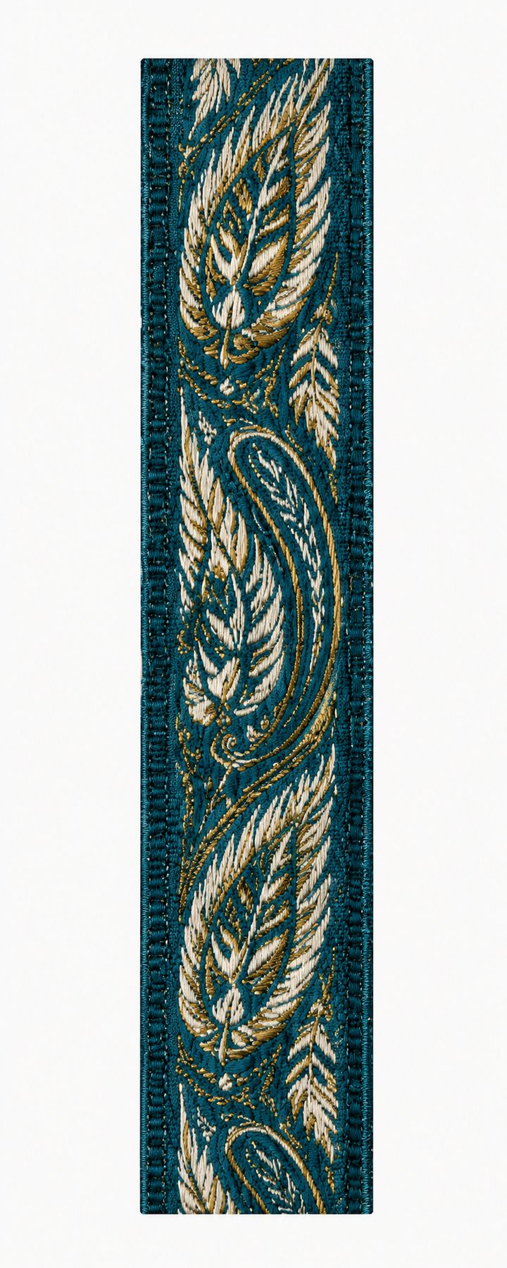 Close-up of the deep teal jacquard-woven paisley interior neck tape, cream and gold paisley leaf pattern on a teal ground